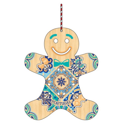Portugalska ozdoba choinkowa Gingerman drewniany piernik w kafelki azulejos