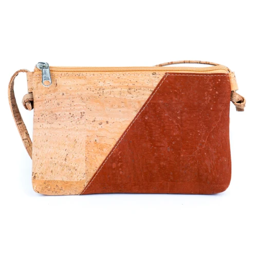 Mała wegańska torebka damska listonoszka Brown z korka naturalny i brązowy na zamek lekka i elegancka