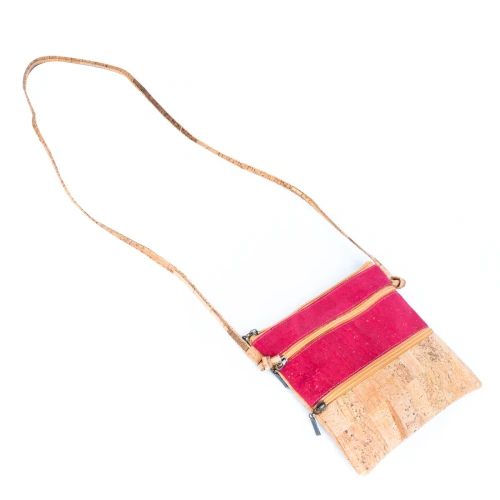 Mała wegańska torebka damska listonoszka Pink z korka w kolorze naturalnym i różowym na zamek eko galanteria skóra korkowa