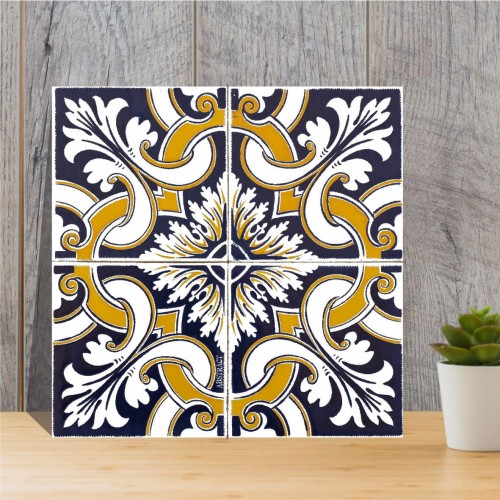 Duży portugalski kafelek azulejo Abstract 44 podbity korkiem kwadratowy 15 cm niebiesko-pomarańczowy - podkładka ceramiczna pod garnek z Portugalii