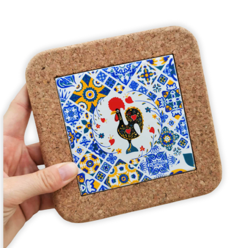 Średnia podkładka korkowa z kafelkiem Galo portugalski kogut z Barcelos idealna pod kubki lub gorace naczynia