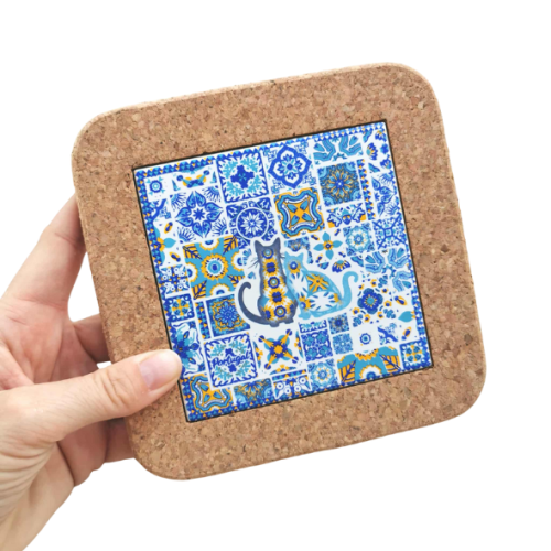 Średnia podkładka korkowa z kafelkiem Gato kolorowe mozaiki i koty