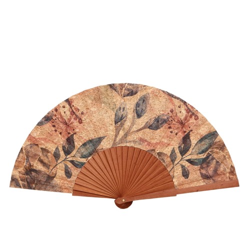 Ozdobny wachlarz drewniany zero waste z portugalskiego korka w kwiaty świetny jako wachlarz na ścianę do rustykalnych wnętrz