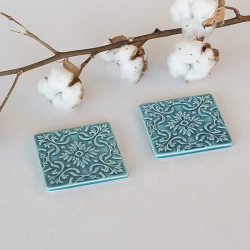 Kawadratowy ceramiczny kafelek Azulejo pod kubek turkusowy 2szt zestaw prezentowy