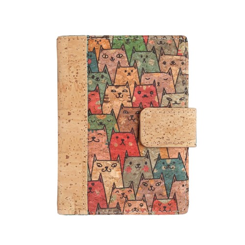 Sredni wegański portfel damski RFID ze skory korkowej zamykany na zatrzask w kolorowe koty z niebieskimi wykonczeniami