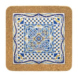 Podkładka korkowa 20 cm z płytką ceramiczną - niebieska szachownica