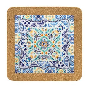 Podkładka korkowa 20 cm z płytką ceramiczną - turkus, pomarańcz