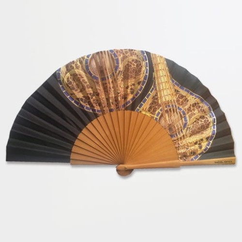 Wachlarz portugalski ze sztucznego jedwabiu i drewna inspirowany tradycyjnym wzorem gitary Fado w kolorze czarnymi zoltym